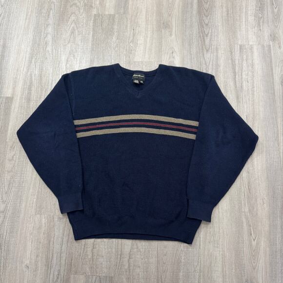 Vintage Eddie Bauer Sweater Men's Large Striped V-Neck Knit Pullover Preppy y2k - Picture 1 of 6